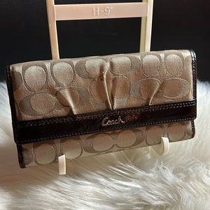 Coach Trifold Long Legacy Wallet Brown Leather Trim& Signature C Khaki Jacquard